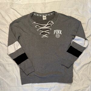 Pink Victoria’s Secret Gray Lace-Up Sweatshirt with Striped Sleeves size S